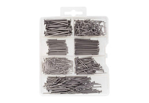 Assorted Hardware Nail KIT for Hanging Pictures, Wire, Brad and Common Use. This Kit Comes in an Organized Plastic Box and has 550 Heavy Duty Durable Nails.