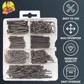 Assorted Hardware Nail KIT for Hanging Pictures, Wire, Brad and Common Use. This Kit Comes in an Organized Plastic Box and has 550 Heavy Duty Durable Nails.
